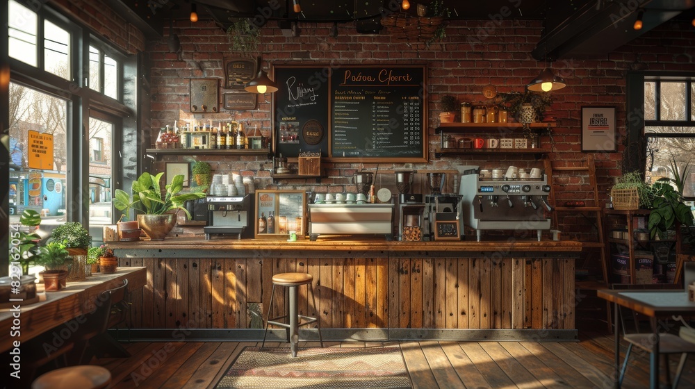Rustic coffee shop interior featuring wooden countertops, an inviting ambiance, potted green plants, and a detailed menu board, perfect for creating a cozy environment Rustic coffee shop interior featuring wooden countertops, an inviting ambiance, potted green plants, and a detailed menu board, perfect for creating a cozy environment