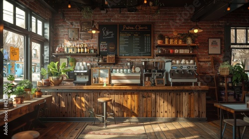 Rustic coffee shop interior featuring wooden countertops  an inviting ambiance  potted green plants  and a detailed menu board  perfect for creating a cozy environment