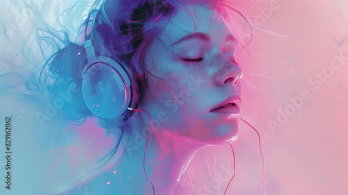 ethereal female portrait with headphones dreamy pastel colors aigenerated artwork