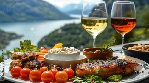 A picturesque outdoor dining experience featuring a variety of gourmet food and drinks  set against a stunning lakeside and mountainous backdrop