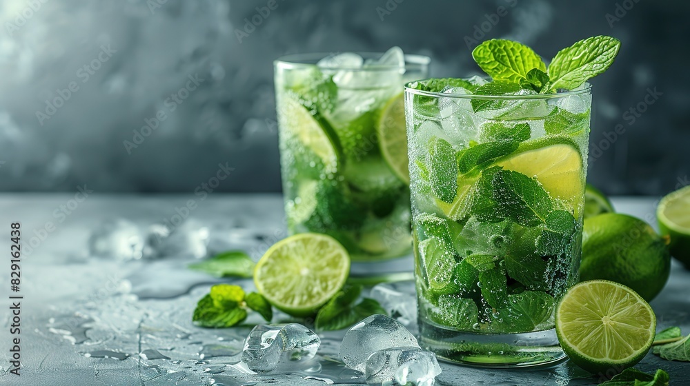 Mojito or virgin mojito long rum drink with fresh mint, lime juice, cane sugar and soda Mojito or virgin mojito long rum drink with fresh mint, lime juice, cane sugar and soda