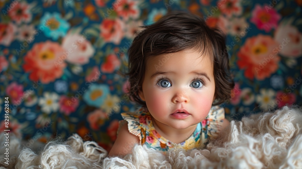 A beautiful baby with large blue eyes sitting amongst soft wool on a colorful floral backdrop, capturing an innocent and inquisitive expression A beautiful baby with large blue eyes sitting amongst soft wool on a colorful floral backdrop, capturing an innocent and inquisitive expression