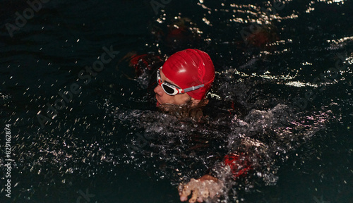 A determined professional triathlete undergoes rigorous night time training in cold waters, showcasing dedication and resilience in preparation for an upcoming triathlon swim competition