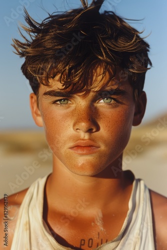 A captivating portrait of a young boy with a serious expression, sun-kissed skin, and wind-swept hair, standing outdoors in a sunlit environment © aicandy