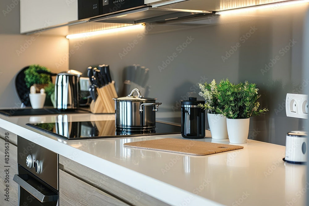 Fototapeta premium A modern kitchen with white cabinets and stainless steel appliances. There is a breakfast bar with two stools. The kitchen is well-lit and has a large window.