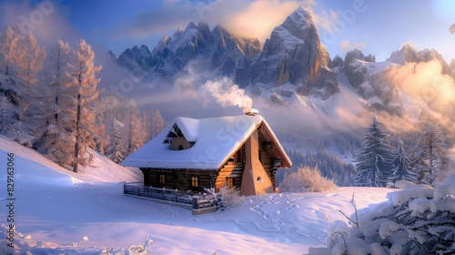 A cozy cabin nestled in a snowy mountain landscape. photo