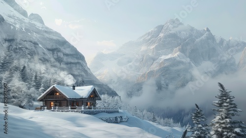 A cozy cabin nestled in the heart of snow-capped mountains.