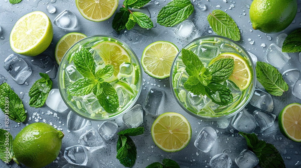 Mojito or virgin mojito long rum drink with fresh mint, lime juice, cane sugar and soda Mojito or virgin mojito long rum drink with fresh mint, lime juice, cane sugar and soda