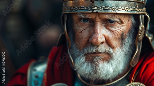 Elderly bearded man with an intense gaze wearing a metallic helmet and traditional armor reminiscent of ancient Roman soldiers