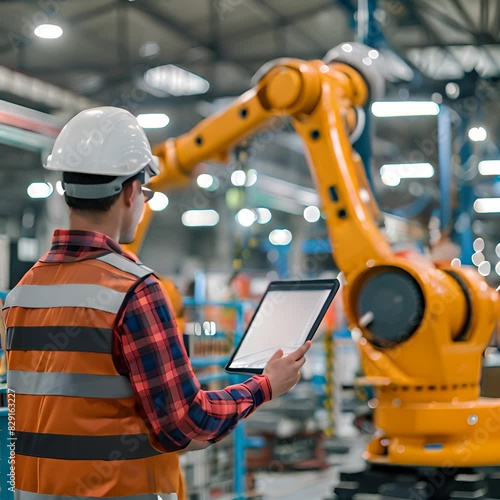 Engineer Utilizing Tablet for Robotic Arm Monitoring in Manufacturing Plant
