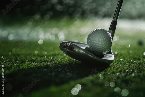 Close-up of a golf club hitting a golf ball on a green. photo
