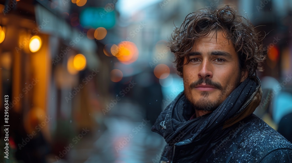 A young man with a contemplative expression stands on a bustling street in a city, surrounded by warm street lights and bokeh effects during winter A young man with a contemplative expression stands on a bustling street in a city, surrounded by warm street lights and bokeh effects during winter