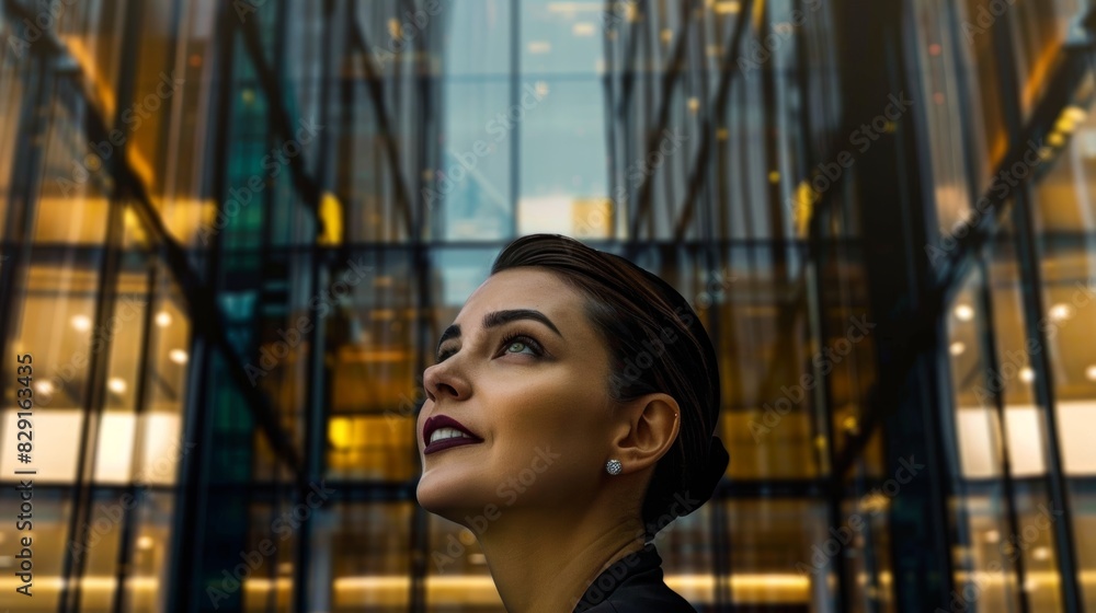 Fototapeta premium A professional woman stands confidently in front of a modern glass building, embodying urban sophistication and determination