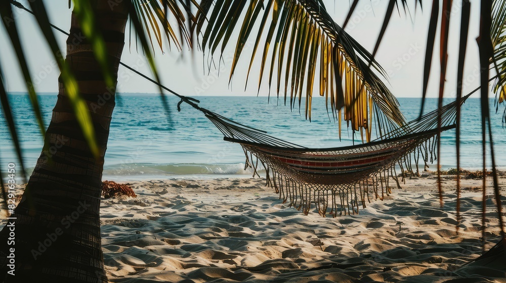 Fototapeta premium Relaxing hammock under the palm trees by the ocean.