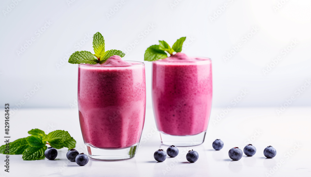 Two Glasses of Fresh Blueberry Smoothies with Mint Garnish Isolated on White Background. A Refreshing and Healthy Drink Option for a Balanced Lifestyle Two Glasses of Fresh Blueberry Smoothies with Mint Garnish Isolated on White Background. A Refreshing and Healthy Drink Option for a Balanced Lifestyle