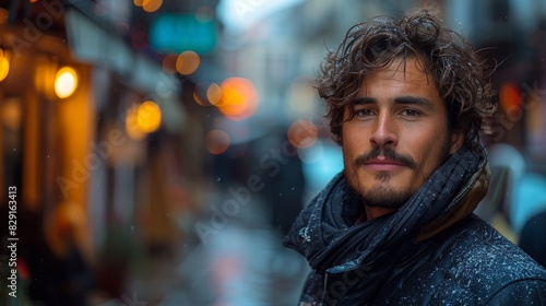 A young man with a contemplative expression stands on a bustling street in a city, surrounded by warm street lights and bokeh effects during winter