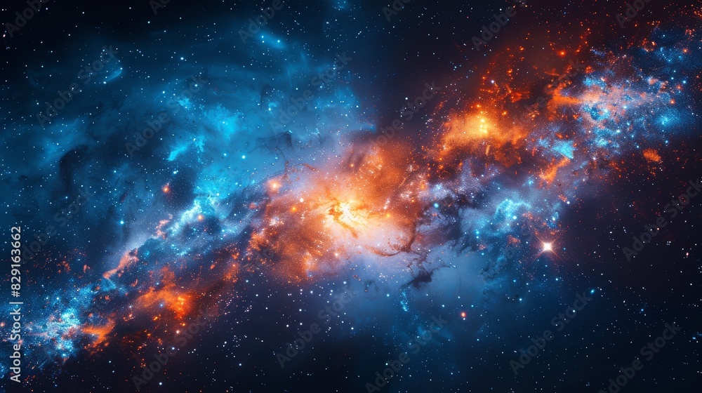 Fototapeta premium A mesmerizing image capturing the vastness and beauty of space, showcasing a vibrant galaxy with glowing blue and orange nebulas amidst a backdrop of countless stars