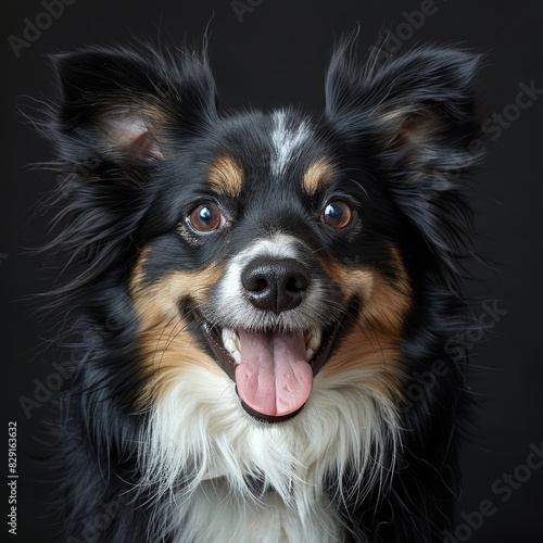 A close-up portrait of a smiling black and tan dog with perky ears, expressive eyes, and a protruding tongue, set against a black background © aicandy
