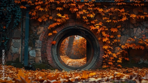 Circular doorway in an ancient brick wall surrounded by vibrant fall foliage, showcasing a peaceful path laden with fallen autumn leaves on a crisp afternoon