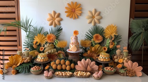 An intricately decorated table filled with various tropical fruits and floral arrangements, highlighting a beautiful centerpiece cake and festive decor