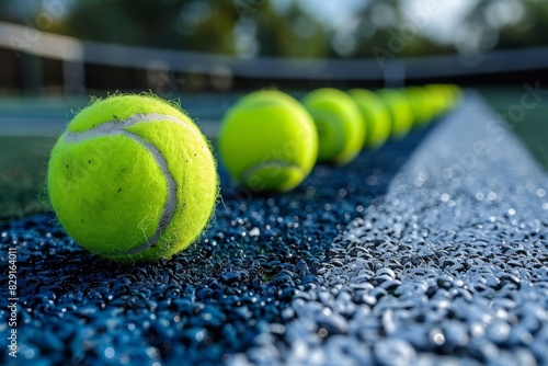 A row of bright green tennis balls on a freshly painted tennis court, with a shallow depth of field highlighting the textured surface and blurred background © aicandy