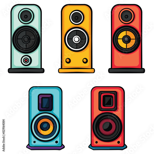 Brightly colored speakers set, modern audio equipment design, teal, orange, red loudspeakers isolated white background. Cartoonstyle speaker collection, vibrant sound system electronics. Various