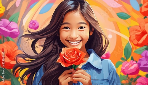 pop art style of a teenage asian girl smiling widely, long hair, holding a rose
