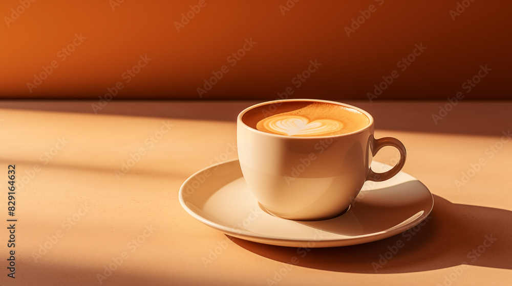 Sunny Cappuccino with Heart Foam Art on Orange Background Sunny Cappuccino with Heart Foam Art on Orange Background
