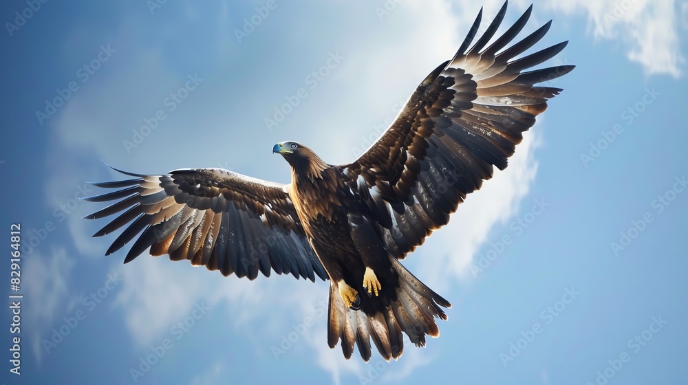 Obraz premium A majestic eagle soars through the clear blue sky, spreading its wings wide under the sunlight, symbolizing freedom and strength.