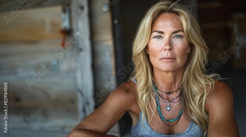 A striking portrait of a blonde woman with blue eyes sitting indoors, showcasing casual attire and layered necklaces with a rustic background