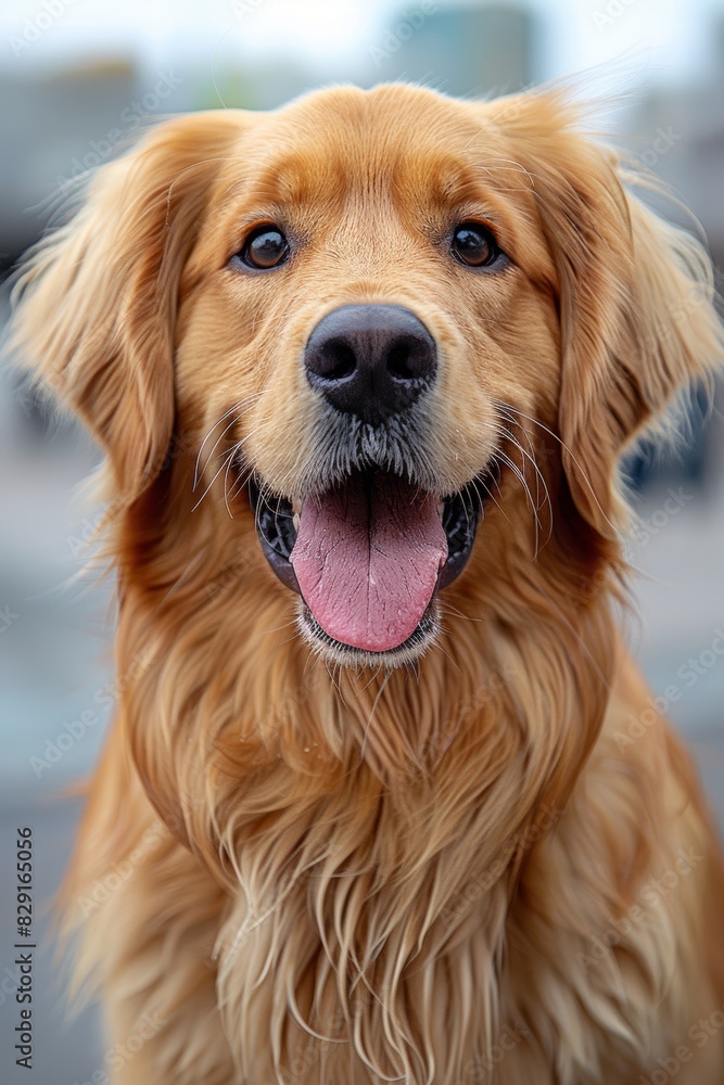 Golden retriever dog with a joyful expression, tongue out, showcasing its happy nature and beautiful golden fur, in an outdoor setting