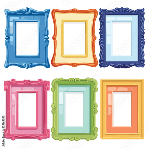 Collection colorful vintage picture frames various shapes sizes. Vector illustration gallery wall display, interior decorations empty space. Artistic frame designs decorative patterns ornate details