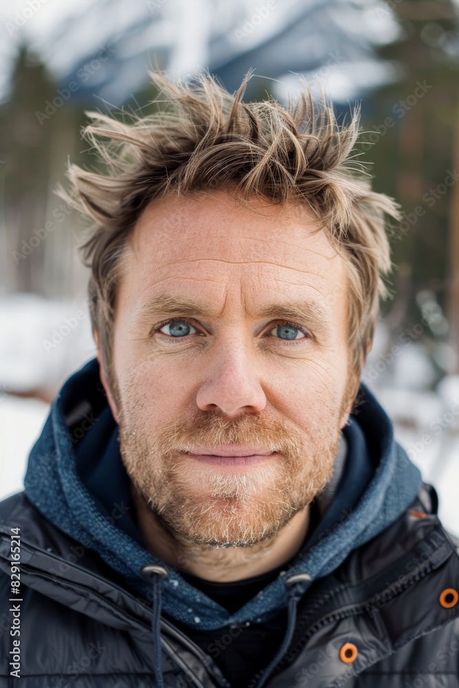A close-up portrait of a middle-aged man with blue eyes, light beard, and tousled hair standing outdoors in a snowy mountain environment
