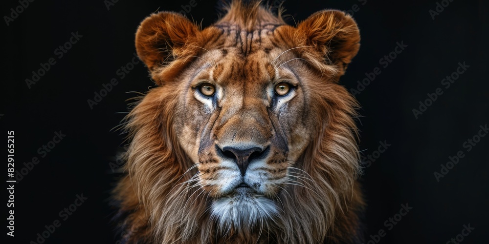 A majestic and powerful lion staring intently into the camera against a black background, emphasizing its regal and commanding presence A majestic and powerful lion staring intently into the camera against a black background, emphasizing its regal and commanding presence