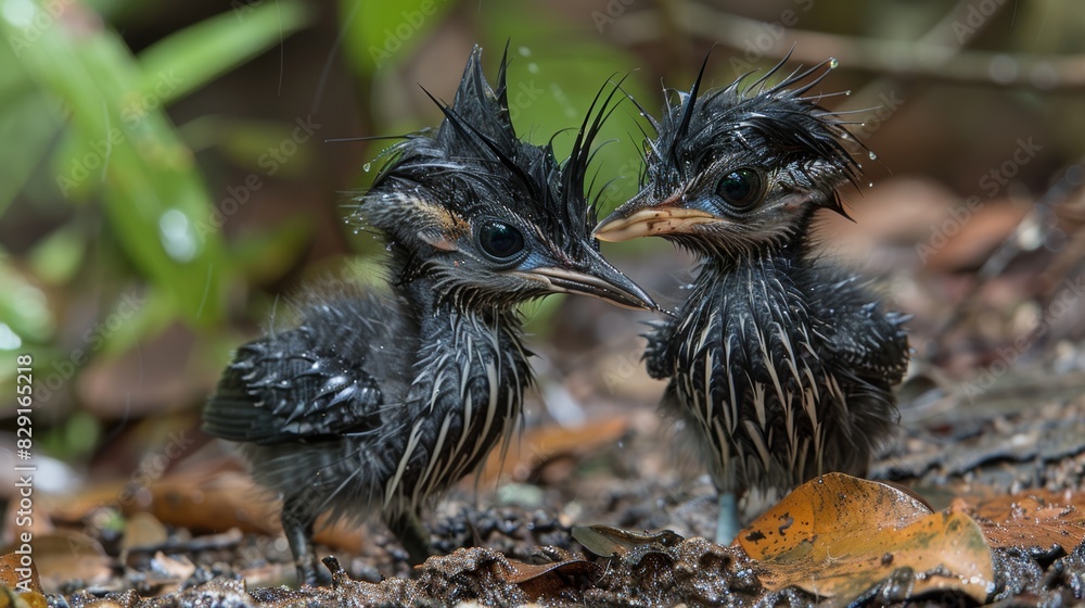 Two drenched and newly-hatched black chicks with spiky feathers gazing at each other amidst a forest floor, surrounded by wet leaves and greenery Two drenched and newly-hatched black chicks with spiky feathers gazing at each other amidst a forest floor, surrounded by wet leaves and greenery