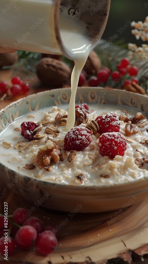 close up of milk pouring onto oats with fruit and nuts in a bowl close up of milk pouring onto oats with fruit and nuts in a bowl