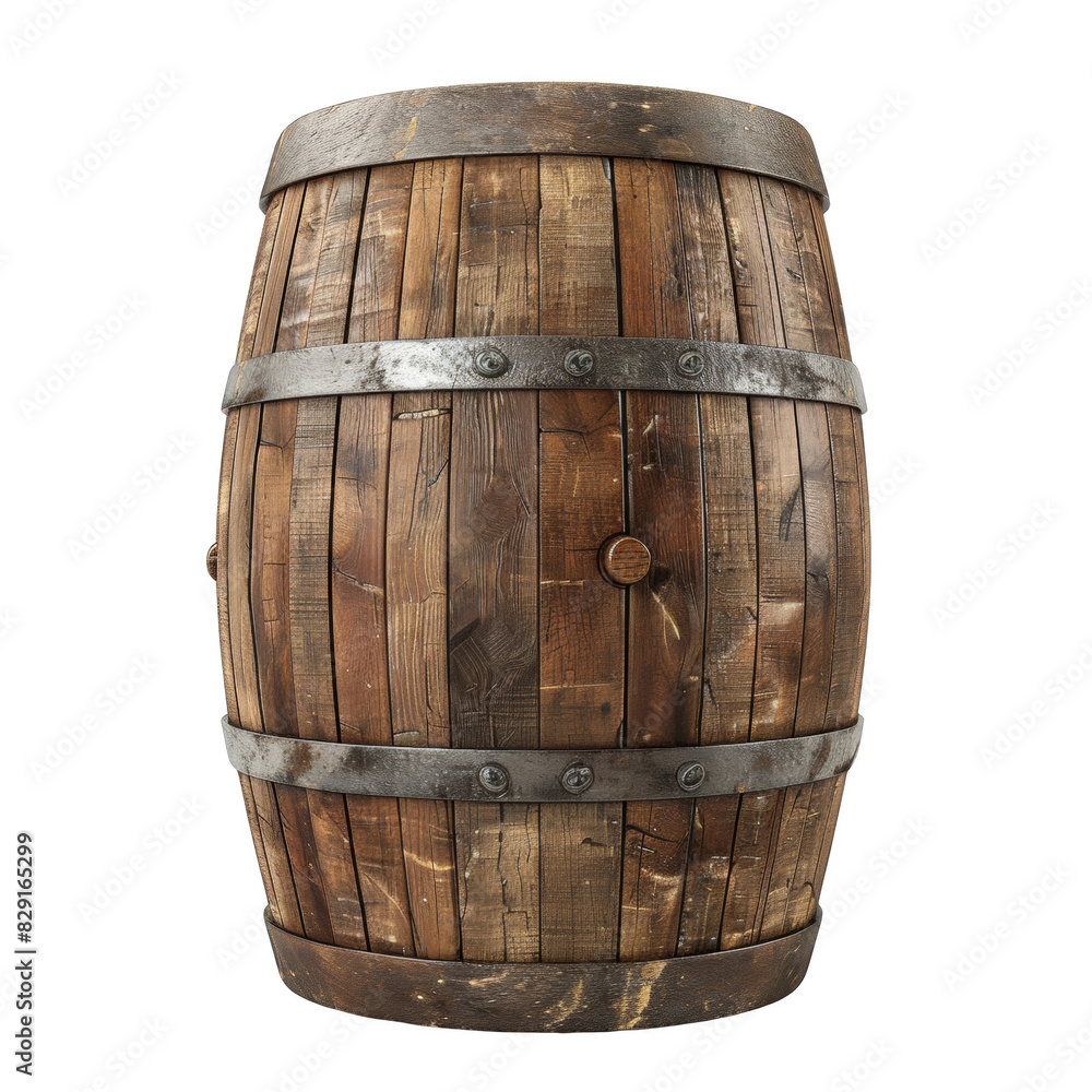 Obraz premium A wooden barrel, with metal edges and slats on the bottom, isolated white background, png.