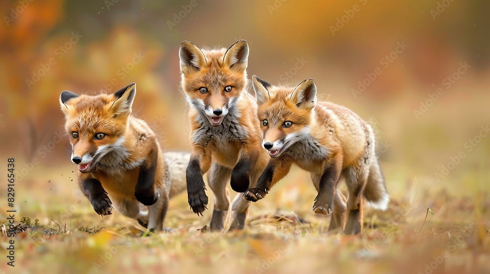 Three playful young foxes frolic together in an autumn field, showcasing their energy and curiosity in a natural setting. Three playful young foxes frolic together in an autumn field, showcasing their energy and curiosity in a natural setting.