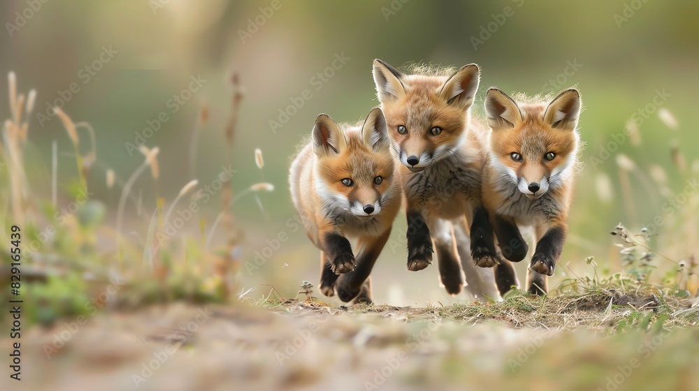 Three young foxes running together in nature with a blurred background, showcasing their playful and energetic behavior. Three young foxes running together in nature with a blurred background, showcasing their playful and energetic behavior.