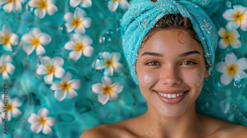 Joyful woman with a radiant smile and glowing skin lying on a bed of frangipani flowers, adorned with a blue towel on her head, in a refreshing spa setting