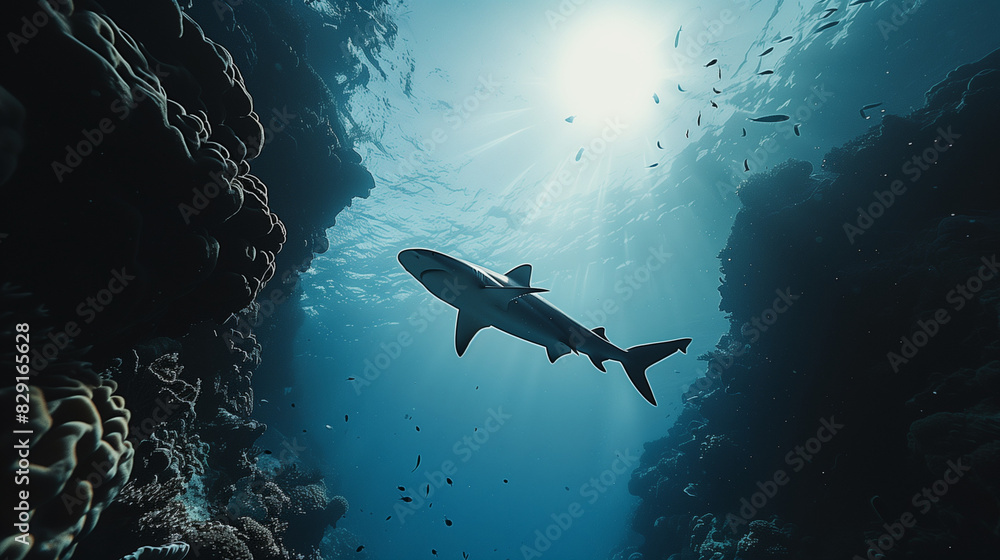 Obraz premium A majestic shark swimming along a coral wall, with its silhouette captured against the bright surface light, creating a sense of awe and wonder. 