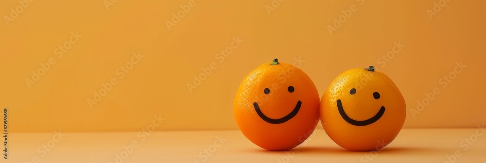 Fototapeta premium Two couple orange with smiley faces on a desk. International Friendship Day Concept. 
