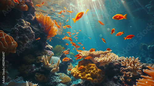 A vibrant coral reef teeming with colorful fish, with sunlight casting beautiful rays through the water as marine life swims around the corals. 