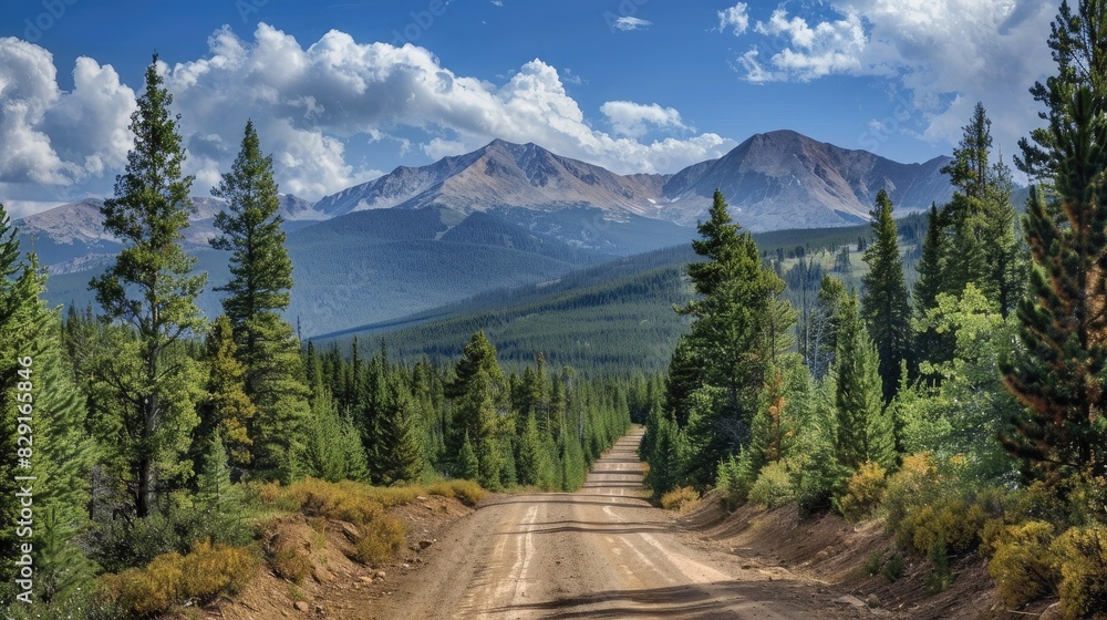 Scenic view of forest road with pine trees and mountain range in the background,