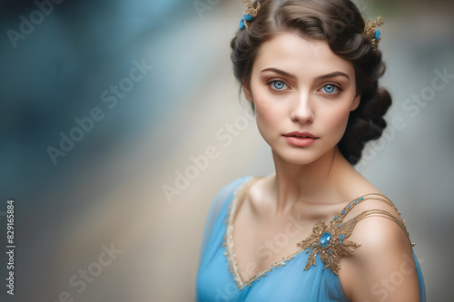 A beautiful woman with striking blue eyes and delicate features wearing an elegant blue dress accented by gold jewelry and blue gemstones gazes directly at the viewer.