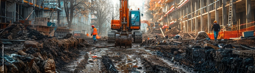 A construction site with a large orange excavator. A man in an orange safety vest is standing next to the machine A construction site with a large orange excavator. A man in an orange safety vest is standing next to the machine