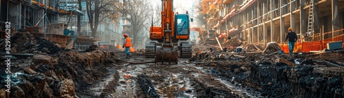 A construction site with a large orange excavator. A man in an orange safety vest is standing next to the machine