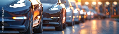 A row of cars are lined up on a street. The cars are all black and have their headlights on