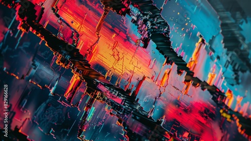 A colorful, abstract image of a cityscape with buildings made of blocks. The blocks are of different sizes and colors, creating a dynamic and visually interesting scene