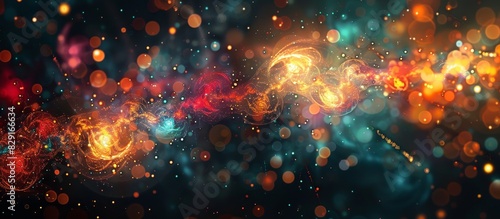 A colorful galaxy with bright orange and blue swirls. The galaxy is full of stars and is surrounded by a dark background. The colors and shapes of the galaxy create a sense of movement and energy